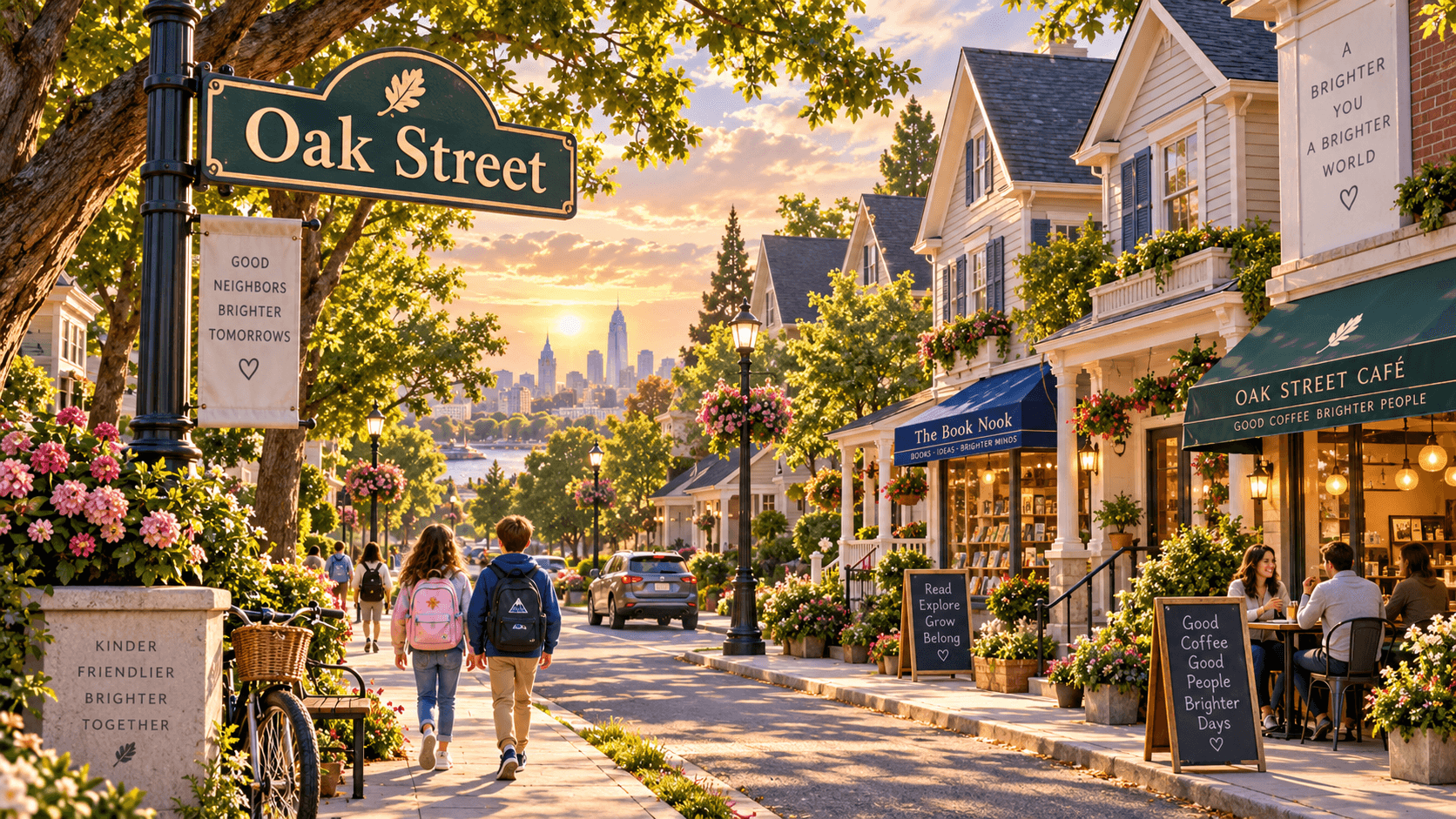 Oak Street: cafés, a bookshop and neighbors in warm evening light.